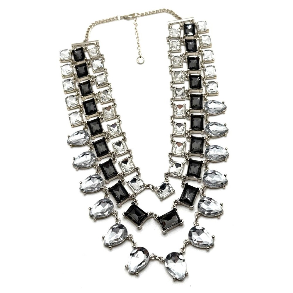 NWOT LOFT Ann Taylor Glass Crystal Three Strand Necklace Silver Tone Statement